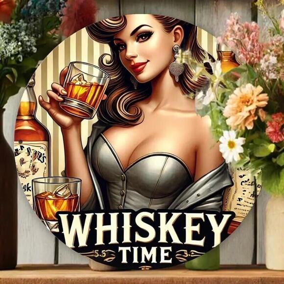 Whiskey Time •Metal Sign •1950s Style Retro Brunette Pin-Up Girl Big Boobs •8x8 - Picture 3 of 6